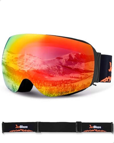 JetBlaze Ski Goggles Unisex OTG Ski Goggles with interchangeable lens and strap for spectacle wearers Snow Goggles Anti Fog Ski Snowboard Goggles Compatible Helmet Spherical Mirrored Red Lens